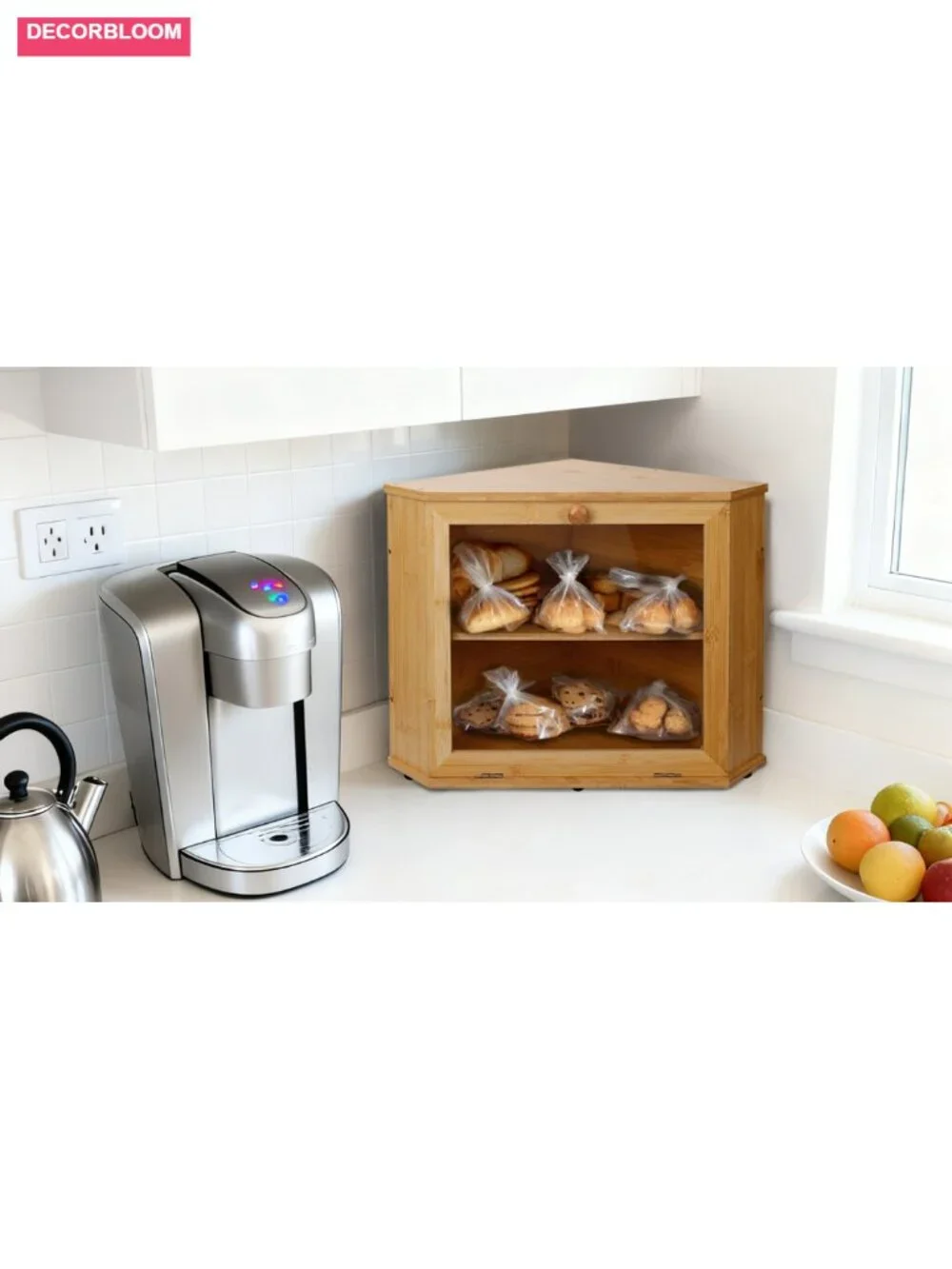 2-Tier Corner Bread Box Natural Bamboo Kitchen Countertop Storage